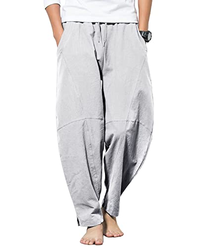 AUDATE Men's Cotton Linen Pants Summer Beach Pant Casual Solid Drawstring Yoga  Pants Trousers Light Gray