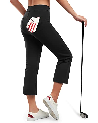 G4Free Women's Bootcut Golf Capris with Pockets Bootleg Crop Yoga Casual Pants  Drawstring Black Small