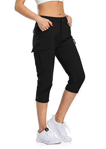 Flewolch Women's Cargo Capri Hiking Pants Lightweight Outdoor Camping  Capris Water Resistant UPF 50 with Zipper Pockets Black Large