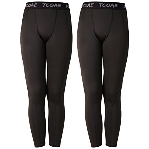 TCOAE Boys Compression Pants Running Workout Tummy Control Sports Leggings  Baselayer Tights Youth Compression Leggings Black /