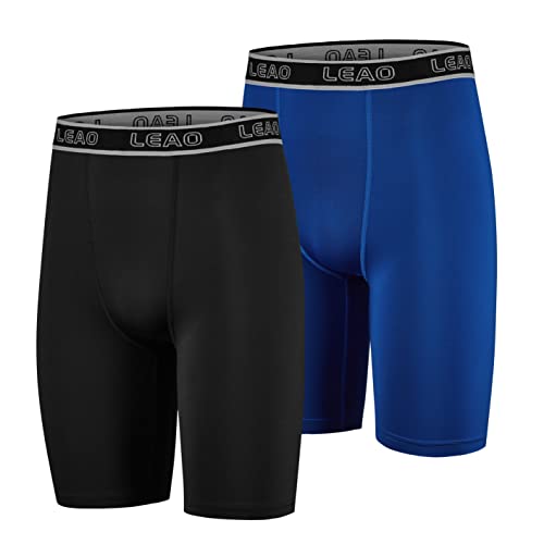 LEAO Youth Boys Compression Shorts 2-pack Performance Athletic Underwear  Sports Boxer Briefs Black/Royal Blue
