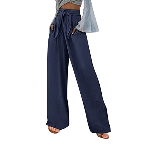 Women's Casual Wide Leg Pants High Waisted Loose Flowy Beach Palazzo Comfy  Cotton Linen Lounge Trousers Sweatpants A5 Navy Small