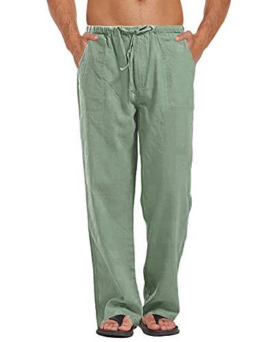 AUDATE Men\'s Pants Summer Beach Trousers Cotton Linen Trouser Casual  Lightweight Drawstring Yoga Pant Green Medium