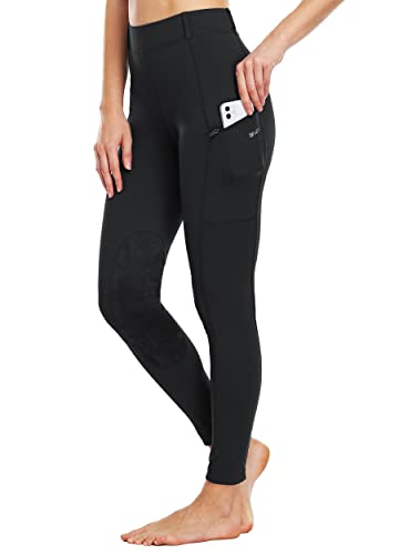 Willit Women's Riding Tights Knee-Patch Breeches Equestrian Horse Riding  Pants Schooling Tights Zipper Pockets Black Small