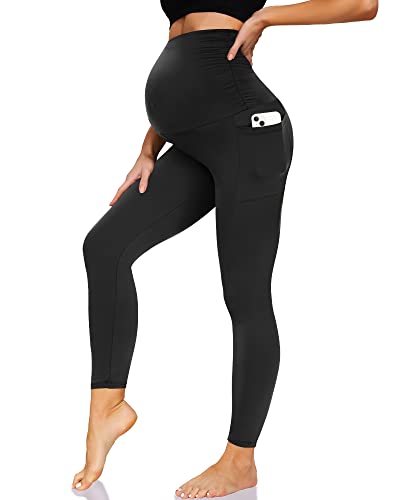 HIGHDAYS Women's Maternity Workout Leggings Over The Belly Pregnancy  Stretch Yoga Active Pants with Pockets Black-with Pockets Medium