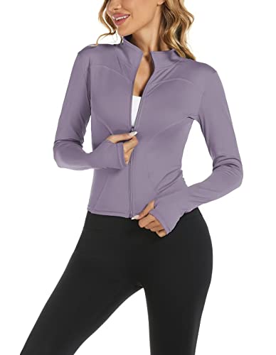 Aolpioon Womens Workout Jacket Yoga Running Slim Fit Stretchy Full Zip Athletic  Jackets Cropped Top with