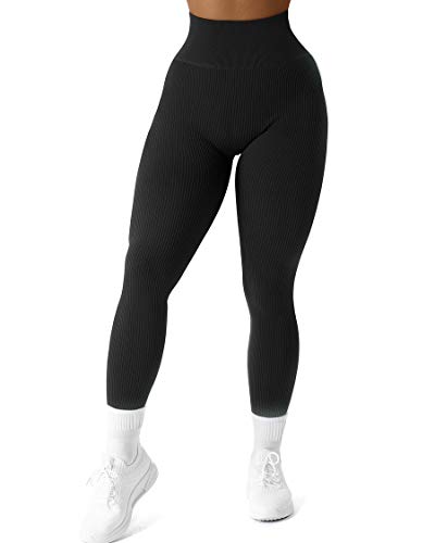 SUUKSESS Women Ribbed Seamless Leggings High Waisted Workout Gym Yoga Pants  Medium Black