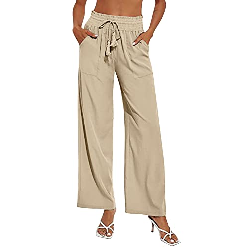 Gufesf Women's Cotton Linen Palazzo Pants Summer Wide Leg Long Trousers  with Pockets Crop Pants for