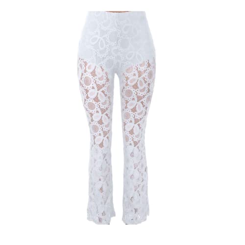 Women's Cropped Pants Lace Embroidery Leggings Fashion Bell Bottom Pants  Slim Fit Pull on Pant Tummy Control Leggings White XX-Large