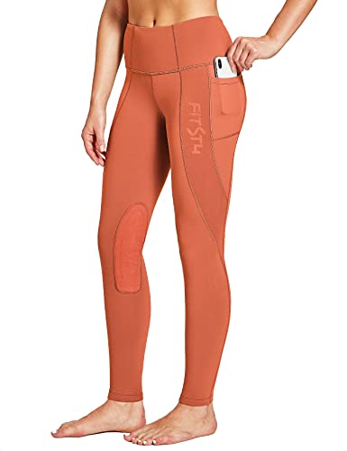 FitsT4 Women's Fleece Lined Riding Breeches Winter Equestrian Pants  Silicone Horseback Riding Tights Cell Pocket Orange Rust Small