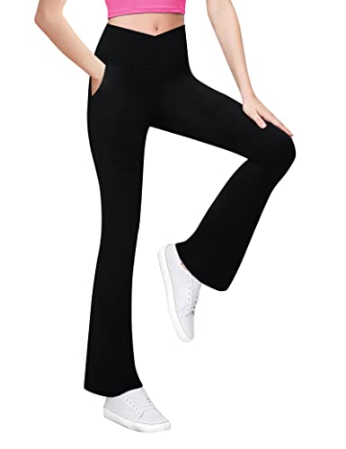 Girls' Leggings Cross Flare Pants with Pockets Black Soft Stretchy High  Waisted Pants for Kids Child Yoga Dance Black 11-12 Years