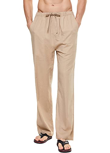 Bonnorth Men's Linen Loose Drawstring Elastic Waist Wide Leg Solid Casual  Pants Khaki X-Large