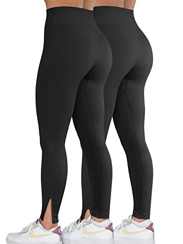 OQQ Women 2 Piece Leggings Workout Tights Tummy Control Ribbed Gym Exercise  Girl Yoga Pants Black Black Large
