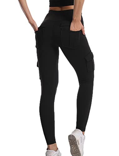 COMFY ONE Seamless Leggings with 4 Pockets for Women Compression Cargo  Elastic Pants for Running Yoga Workout Black Large