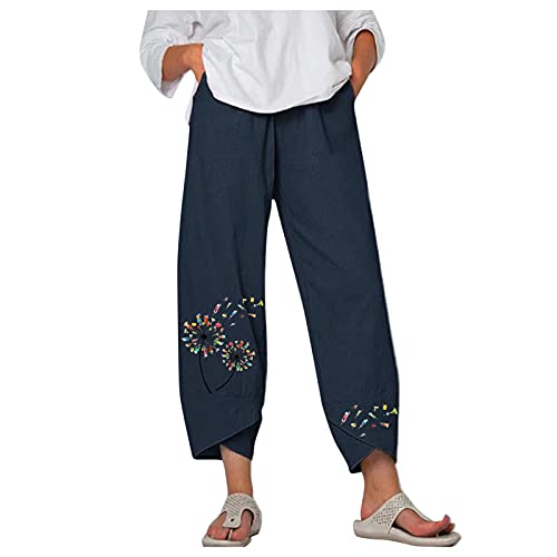 MALAIDOG Womens Summer Linen Capri Pants Casual Cotton Soft Regular Fit Elastic  Waist Wide Leg Beach
