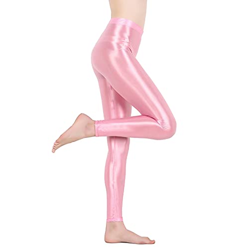 YONGHS Women's High Waist Shiny Metallic Stretchy Leggings Tights Pants  Rave Dance Bottoms Clubwear Pink a