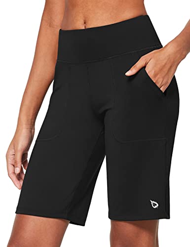 BALEAF Women's Bermuda Long Shorts Athletic High Waisted Shorts 10 for  Casual Summer Running Quick Dry Knee Length Black Large