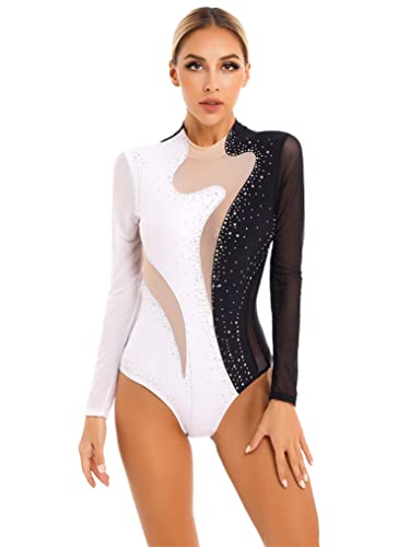 Yeahdor Women Ballet Dance Leotard Turtleneck Long Sleeve Gymnastics  Leotards Rhinestone Bodysuit Tops Black&white Small