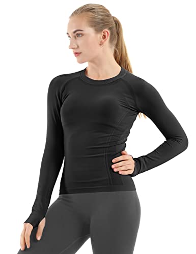 MathCat Seamless Workout Shirts for Women Long Sleeve Yoga Tops Sports  Running Shirt Breathable Athletic Top Slim Fit Medium Black