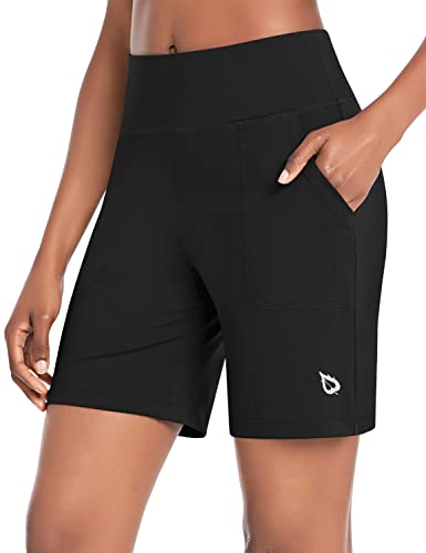 BALEAF Women's 7 Athletic Long Shorts High Waisted Running Bermuda Shorts  with Pockets Black Large