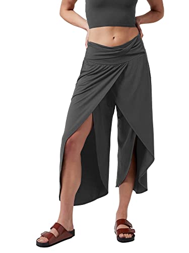 Women's High Waist Yoga Pants Split Open Wide Leg Pants Workout Dance Capri  Release Pant with