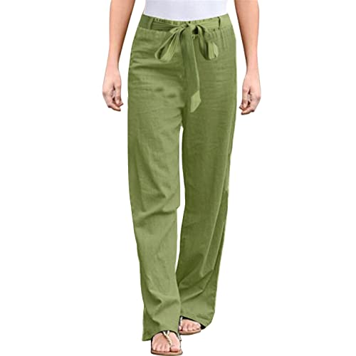 Gufesf Women's Cotton Linen Palazzo Pants Casual Wide Leg Long Trousers  with Pockets Beach Pants for