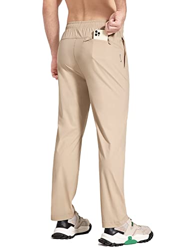 BALEAF Men's Running Pants Elastic Waist Lightweight Jogging Stretch Golf Workout  Pants with Zipper Pockets Khaki Large