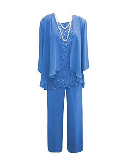 3 Pieces Mother of The Bride Dresses Pant Suits with Jackets Lace Formal  Wedding Guest Dress for Women Blue 22 Plus