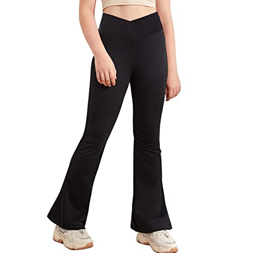 Loodgao Kids Girls Bootcut Yoga Pants V-Waistband Flared Leggings Solid  Color Wide Leg Trousers Black