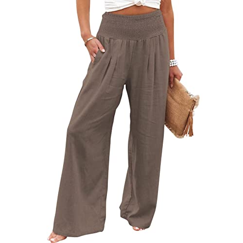Women Cotton Linen High Waist Pants Casual Wide Leg Palazzo Lounge Elastic  Trousers with Pockets - Walmart.com