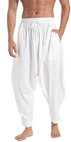 2024 Autumn Cotton Linen Harem Pants for Women Green Elastic Waist Loose  Lantern Pants with Pockets Baggy Women's Capri Trousers