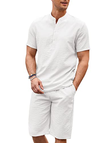 COOFANDY Men's 2 Pieces Cotton Linen Set Long Sleeve Henley Shirts Casual  Beach Pants With Pockets Summer Yoga Outfits 01-white Large
