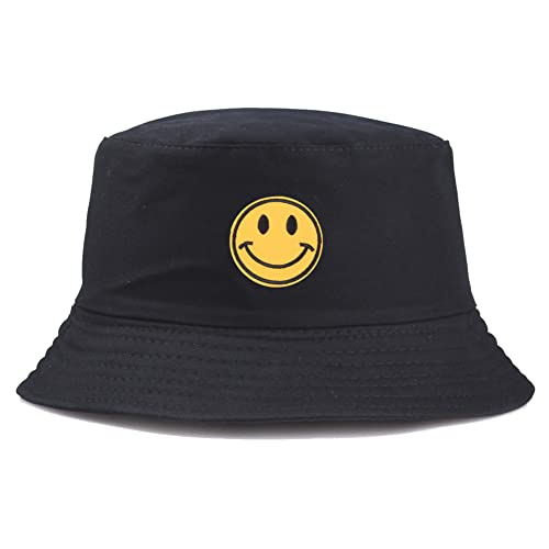 Anroll Unisex Smiling Face Embroidered Bucket Hats Sun Hat for Womens Men  Black3