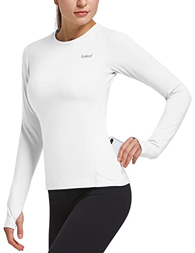 BALEAF Women's Thermal Fleece Tops Long Sleeve Running Athletic Shirt with  Thumbholes Zipper Pocket for Cold Weather White Large