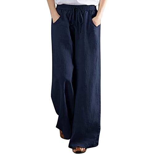 Gufesf Women's Casual Cotton Linen Palazzo Pants Wide Leg Long Trousers  with Pockets Summer Capri Pants
