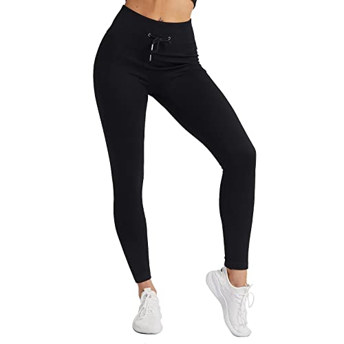 BIUBRA Women Seamless Ribbed Drawstring Leggings Black High