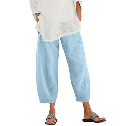 MALAIDOG Womens 2023 Trendy Linen Capri Pants Solid Color Soft Loose High  Waistband Wide Leg Flowy Yoga Trousers with Pockets Sky Blue-c X-Large