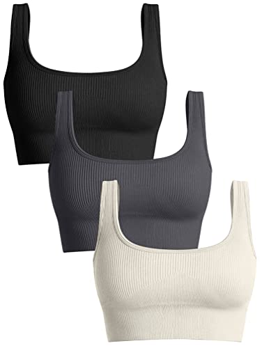 OQQ Women's 3 Piece Tank Tops Ribbed Seamless Workout Exercise Shirts Yoga  Crop