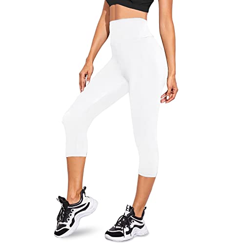 we fleece Women's Soft Capri Leggings-High Waisted Tummy Control Non See  Through Workout Running Yoga Pants Capri Large-X-Large 1-white