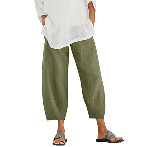 Mackneog Casual Loose Women Linen Capri Pants Summer Elastic