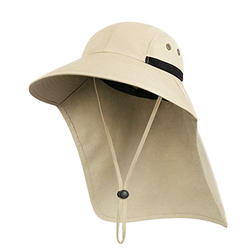 Outdoor Sun Hat for Men with UV Protection Safari Cap Wide Brim Fishing Hat  with Neck Flap, for Dad Khaki
