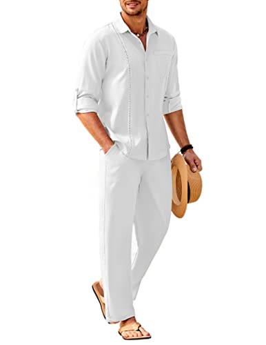 COOFANDY Men's 2 Piece Linen Sets Casual Long Sleeve Button Down Cuban  Shirt and Loose Pants Set Beach Vacation Outfits Large White