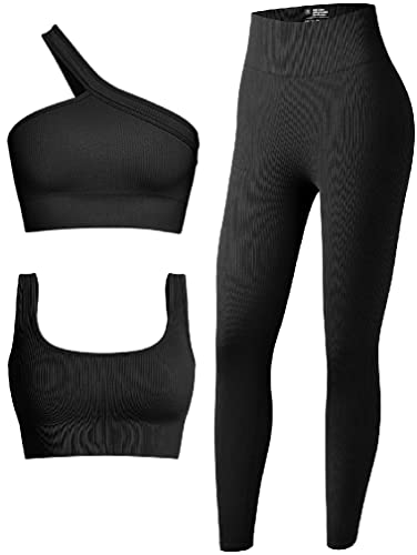 OQQ Women's 3 Piece Outfits Ribbed Seamless Exercise Scoop Neck Sports Bra  One Shoulder Tops High Waist Leggings Active Set Black Large
