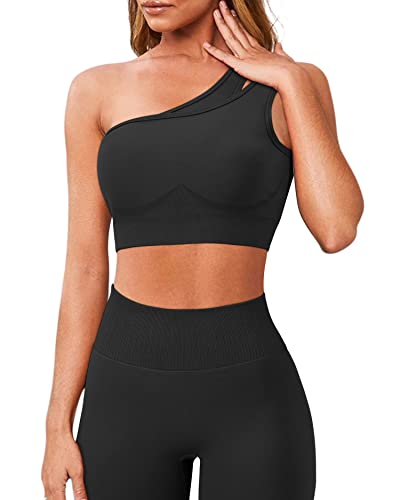 OMKAGI Workout Set for Women 2 Piece Seamless One Shoulder Sports Bra  Scrunch Butt Lifting leggings Gym Outfits Medium Black