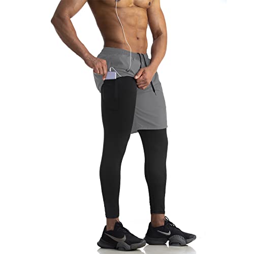 WIRIST 2 in 1 Running Pants for Men, Tight Workout Compression Pants for  Men, Gym Athletic Pants Shorts Leggings with Pocket Grey X-Large