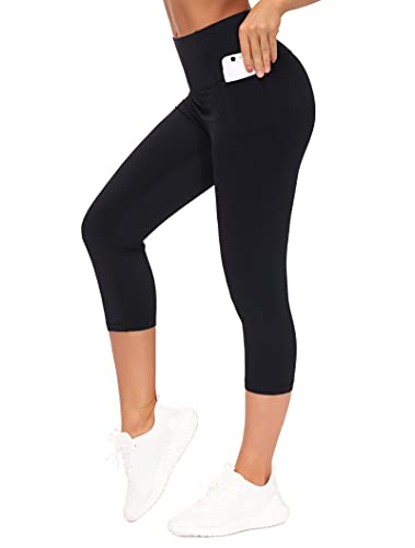 THE GYM PEOPLE Tummy Control Workout Leggings with Pockets High Waist  Athletic Yoga Pants for Women Running, Hiking S-capris Black Large