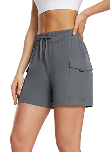 Baleaf Women's 7" Hiking Shorts High Waist Water Resistant Quick Dry Lightweight Zip Pockets Workout Athletic Shorts Travel Graphite Gray M