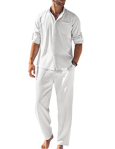 COOFANDY XRCLIF Coofandy Mens 2 Piece Linen Sets Casual Long Sleeve Button  Down Cuban Shirt And Loose Pants Set Beach Vacation Outfits
