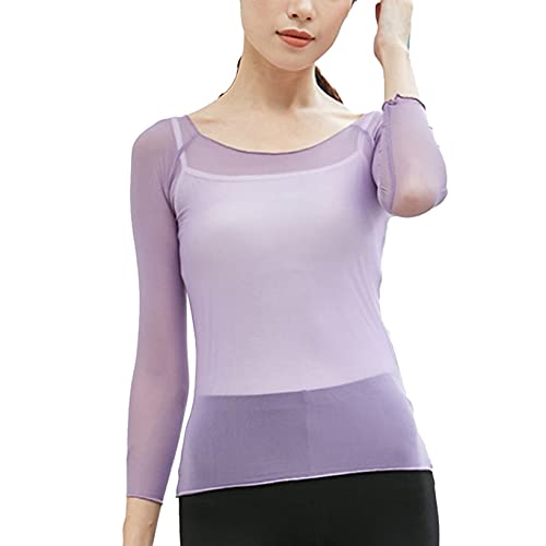 Kaerm Women's Athletic Ballet Dance Gymnastics Cover Up Tops Yoga Workout  Shirts Sheer Mesh Wrap Tops Purple Small