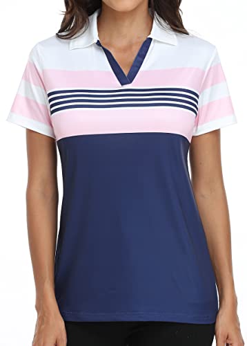 IGEEKWELL Women's Golf Shirts Short Sleeve Collared Polo Shirt Moisture  Wicking Lady Golf Apparel Print Tennis Sport T Shirt 035-navy Pink X-Large